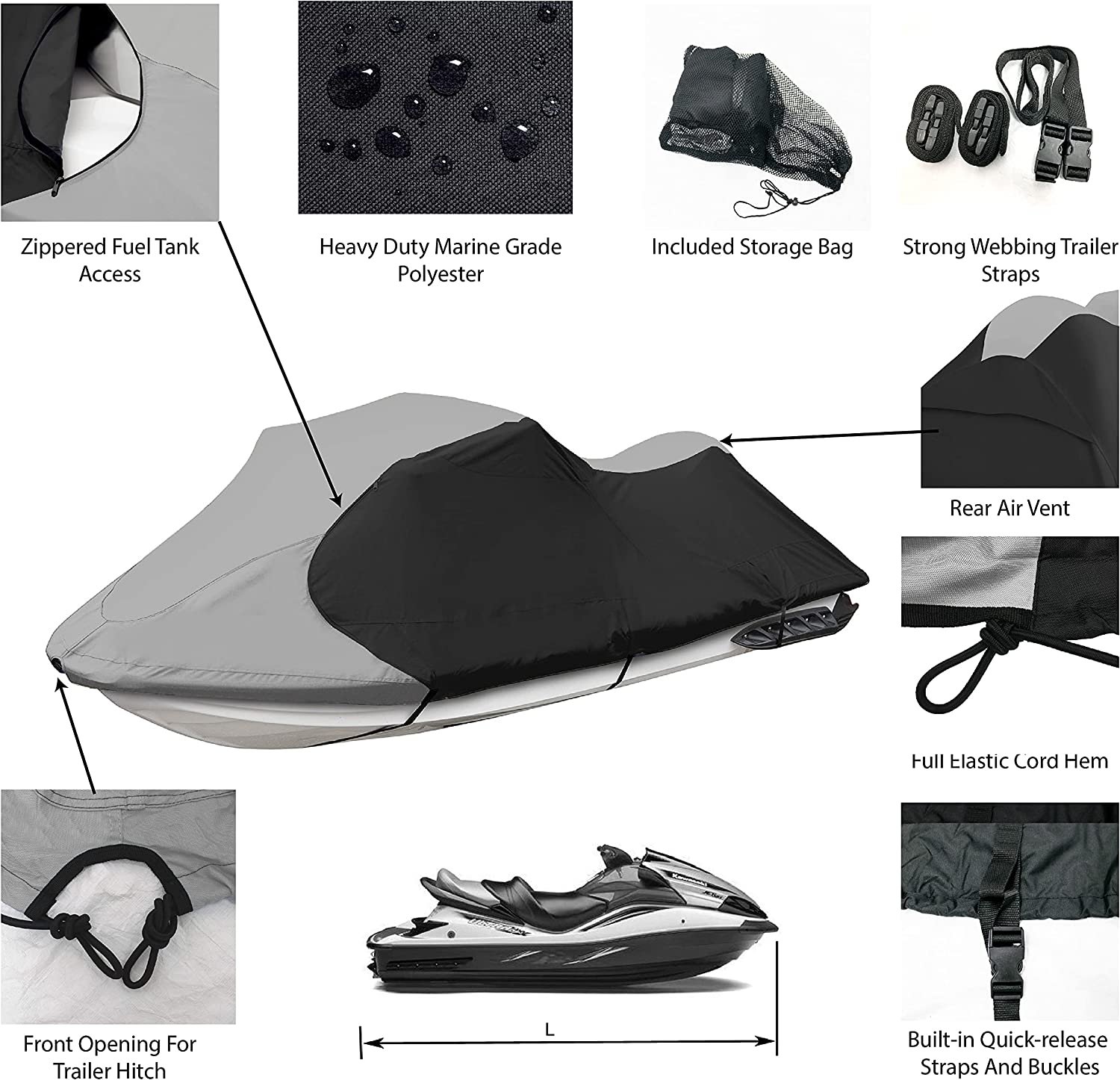 OEM Jet Ski Personal Watercraft Cover Dustproof and Waterproof Custom Color for 96"-102" 1-Seater Sewing Boat Cover - Image 2