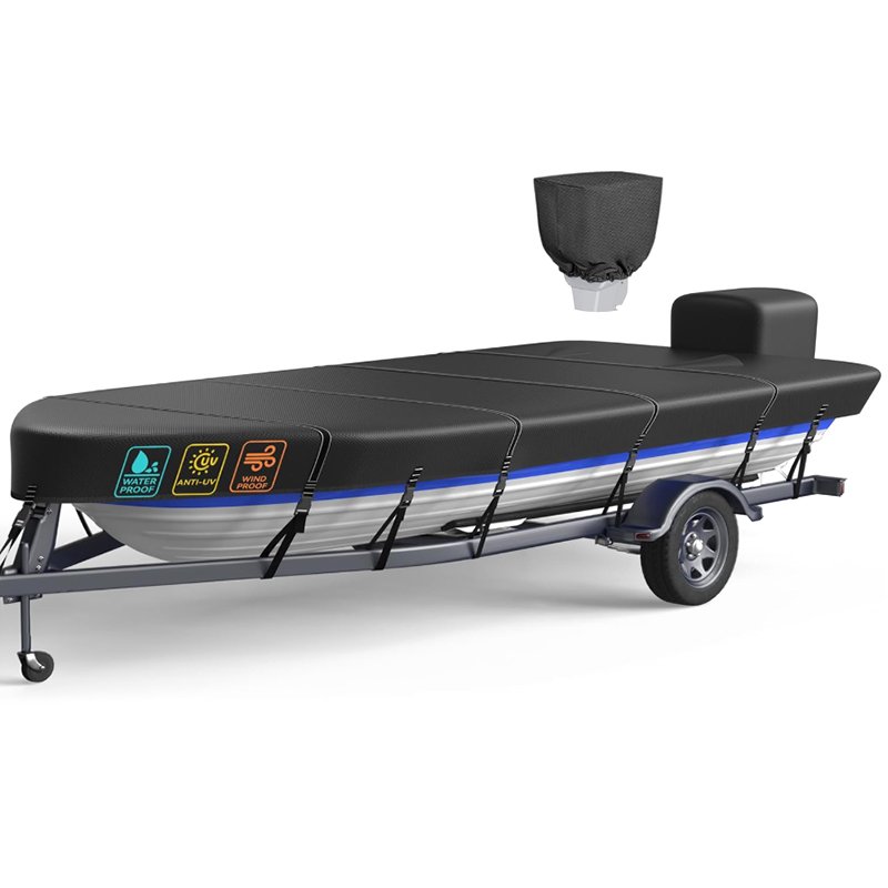 600D Waterproof Boat Cover UV Resistant for V-hull Runabout Fishing Boat with Adjustable Straps - Image 3