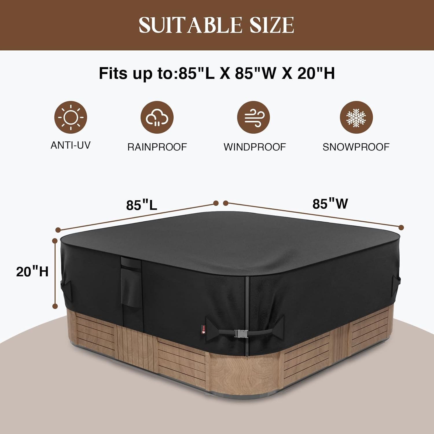 Outdoor Waterproof & Weatherproof Square Hot Tub Cover Heavy Duty 210D/420D/600D Oxford Black/Custom Colors 85x85x20 Inches - Image 6